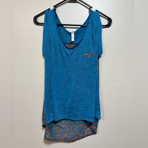 Women's top blue with shear orange leopard back